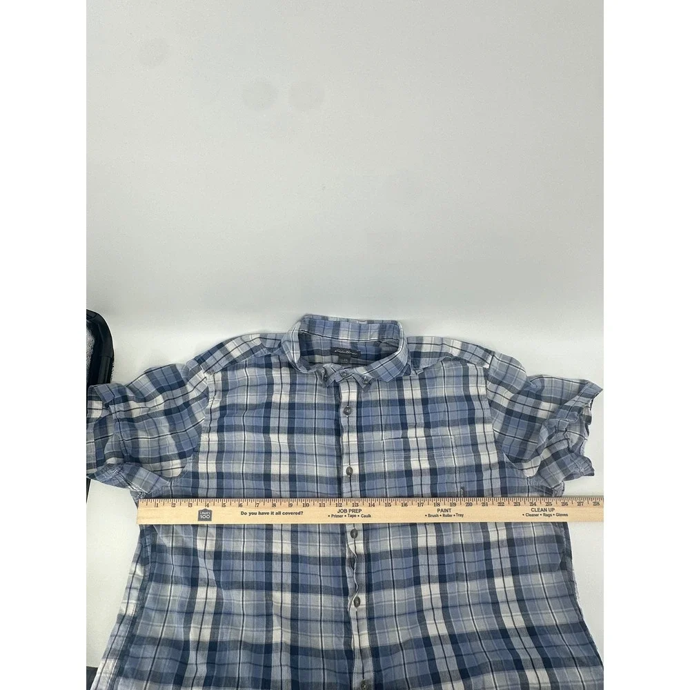 Eddie‎ Bauer Mens 2XL Blue White Plaid Short Sleeve Cotton Button Down Shirt